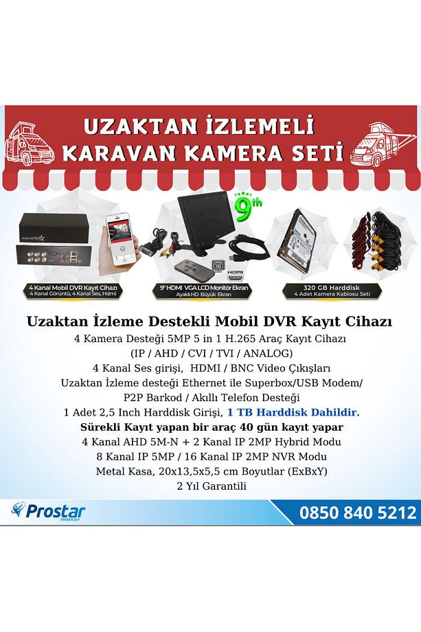 Karavan 1 Tb Harddiskli 9 Inç Hdmi Monitörlü 4 Kameralı Uzaktan Izlemeli Kayıtlı Kamera Seti - 2