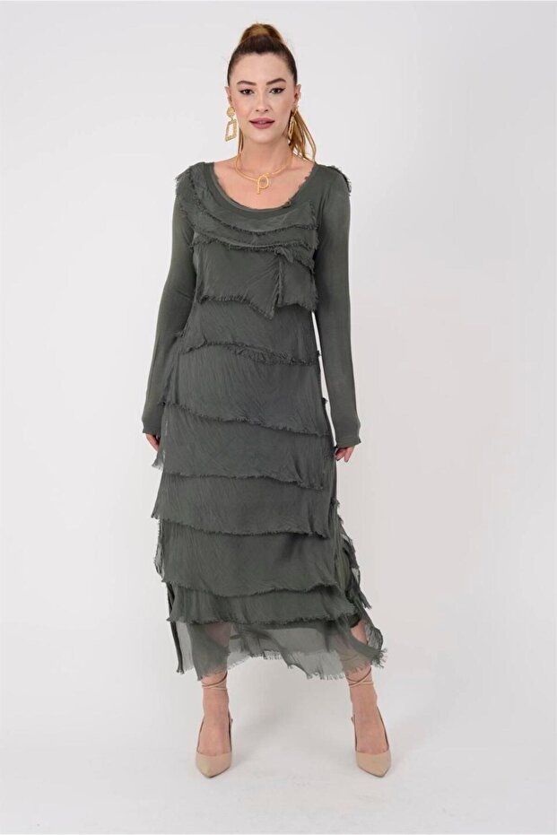 Italian 2 Size Slim Showing Layered Long Sleeve Silk Dress