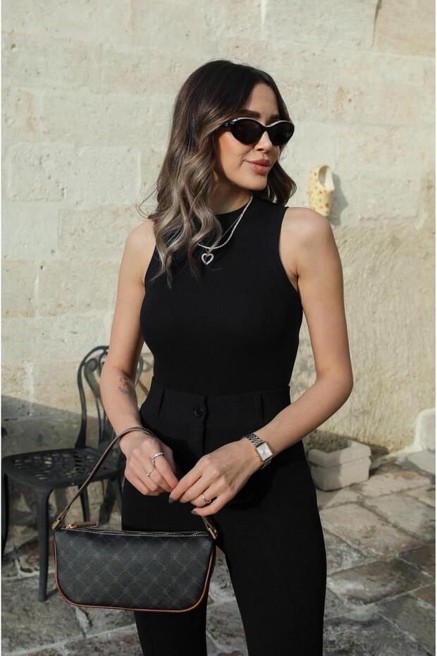 قميص داخلي مضلع بياقة رسن أسود - 2