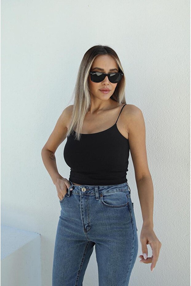 Siyah Beyaz Ip Askılı Basic 2'li Crop - 4