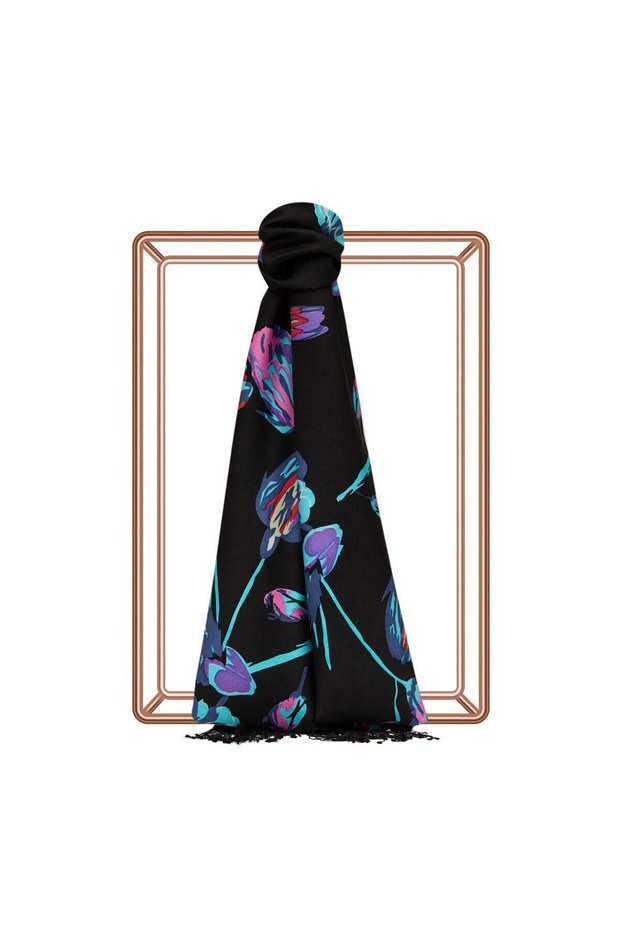 Patterned Silk Shawl - Göksu Sefası Patterned - Black Turquoise