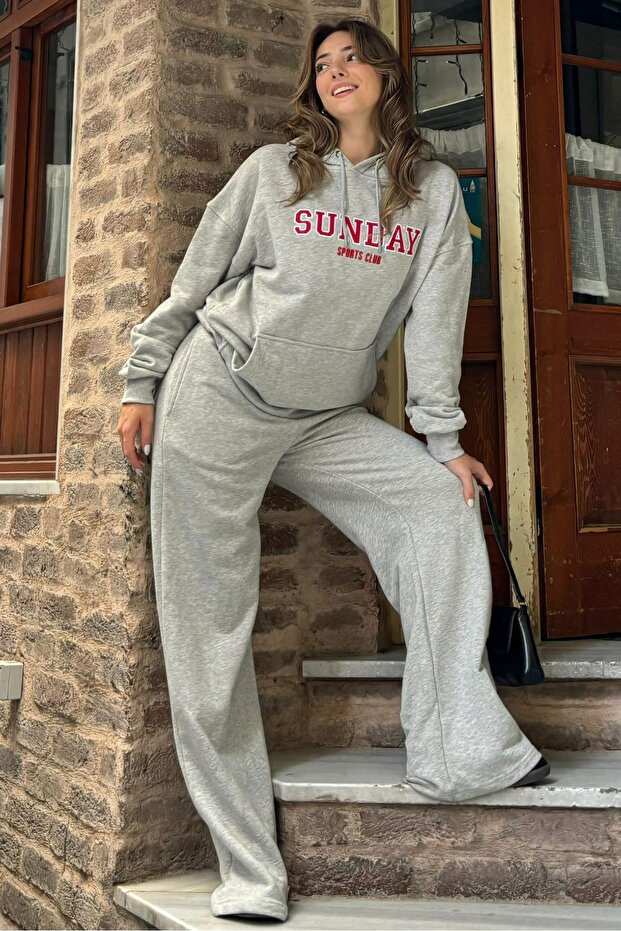 Gray Printed Hooded Women's Tracksuit Set Sh184