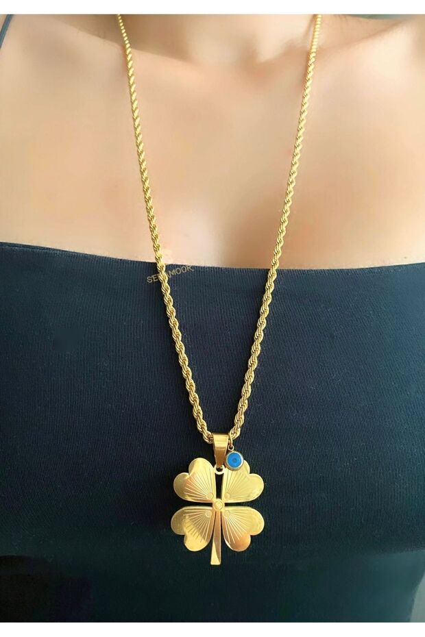 4-Leaf Twist Chain Clover Necklace with Non-Tarnish Steel - Evil Eye