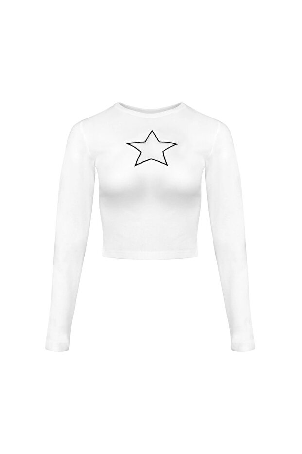 White Long Sleeve Crop Top - Star Pattern and Transparent Detail