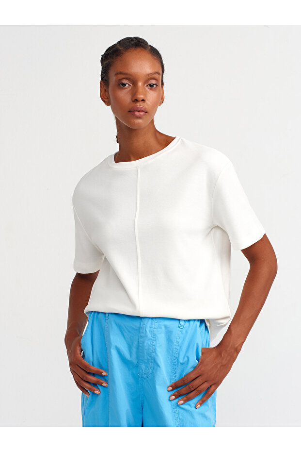 31218 Cotton T-Shirt with Stitching Details-Ecru