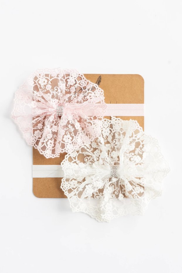 0-9 Months Baby Girl Bandana Set of 2 Rhinestoned Lace Flower Bow (Pink-White)