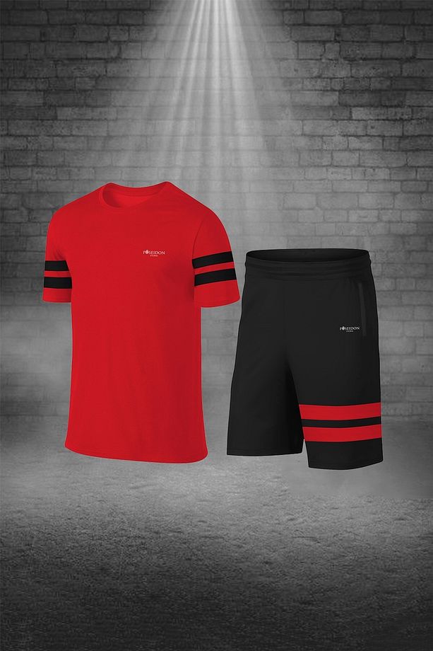 Erkek Kırmızı Dri-fit Kumaş Baskısız Yuvarlak Yaka Kısa Kol Tişört Şort Alt Üst Set (S -3XL) - 1