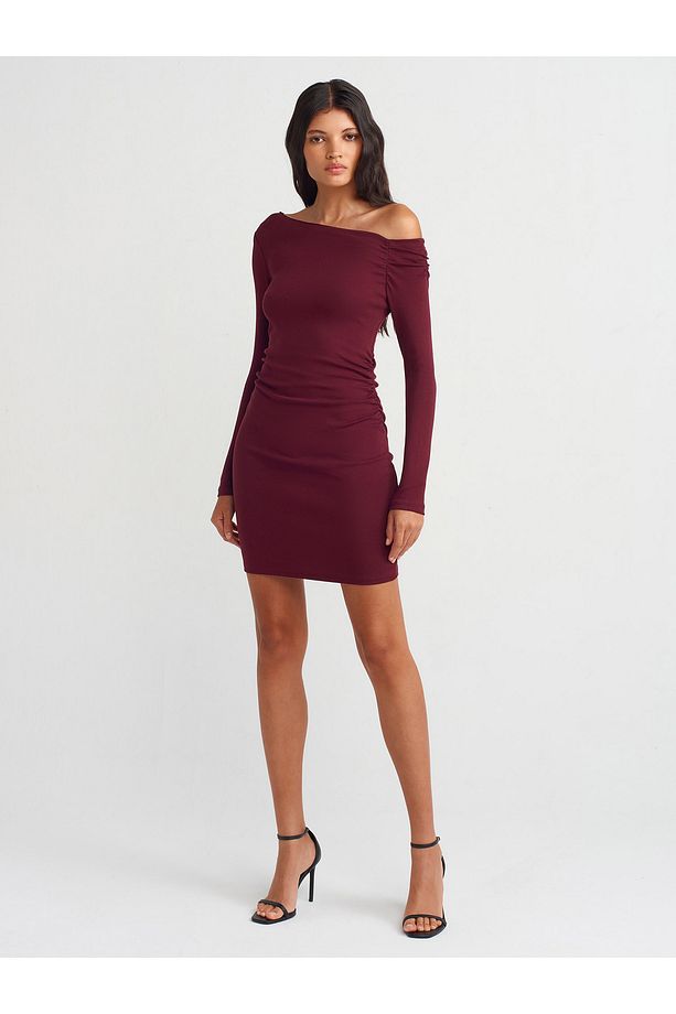 90848 Asimetrik Mini Elbise-Bordo - 3