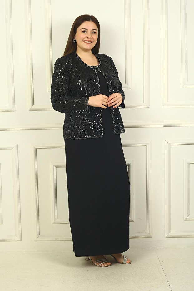 Women's Sequin Embroidered Bead Detailed Tulle Jacket Half Moon Sleeves Long Dress Lined Crepe Plus Size 2-Piece Slim Fit