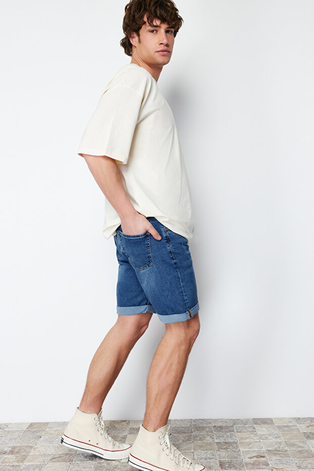 Indigo Slim Fit Tırmık Destroylu Denim Kot Şort TMNSS21SR0727 - 8