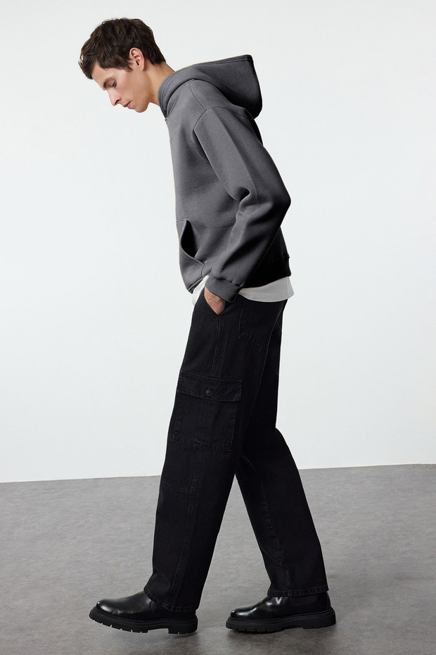 Antrasit Oversize/Geniş Kesim Sırtı Nakış Detaylı Kapüşonlu Sweatshirt TMNAW25SW00142 - 6