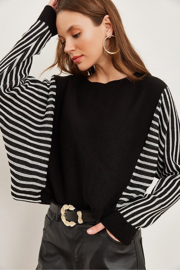 Women's Black Sleeve Detailed Knitwear Sweater Kzk-19000817