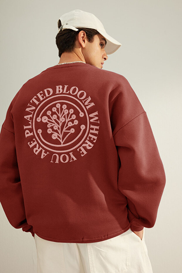 Kiremit Oversize/Geniş Kesim Çiçek Nakışlı İçi Polarlı Pamuklu Sweatshirt TMNAW24SW00012 - 1