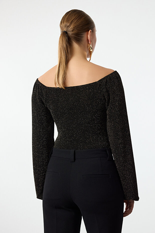 Altın Carmen Yaka Işıltılı Çıtçıtlı Simli Örme Body TPRAW24BD00016 - 6