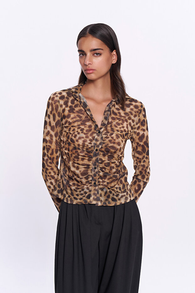 Brown Draped Leopard Patterned Shirt - 4