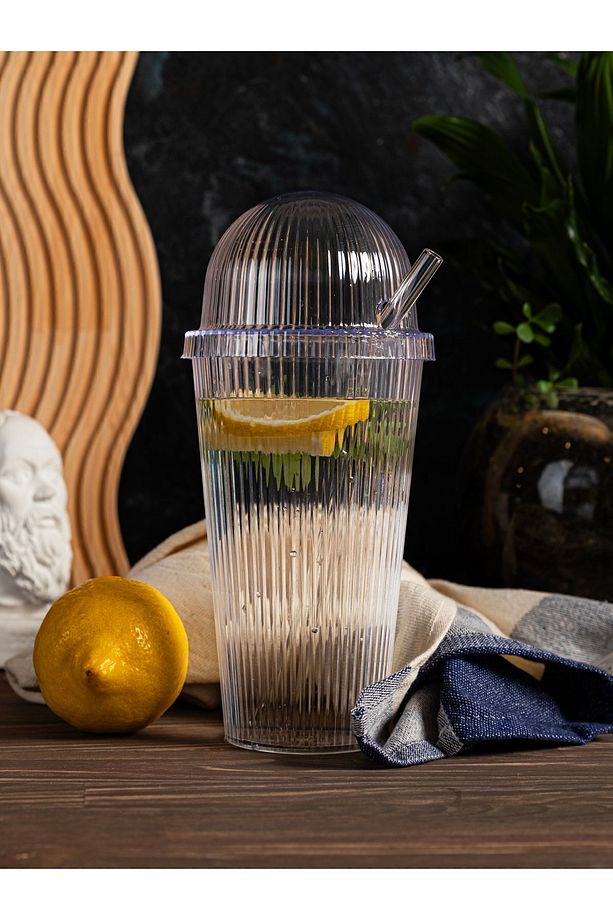 600 ml Kapaklı Pipetli Origami Mika Bardak - Cam Pipetli Kahve ve Meşrubat Bardağı - 1