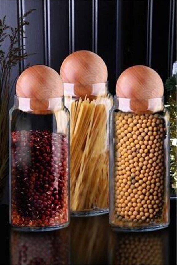 3-Piece Glass Jar Set with Wooden Ball Lid Snack Bowl Spice Rack Storage Container