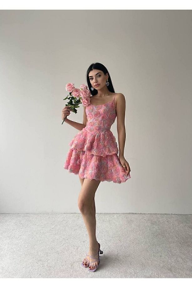 Pembe gül desenli astarlı mini elbise - 2