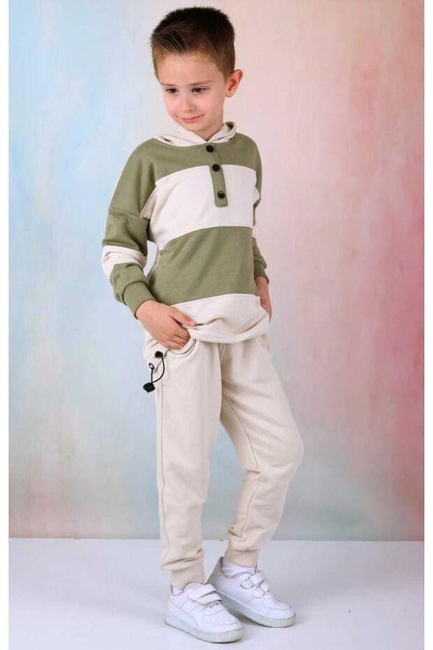 Boy 3-10 Years Old 2 Thread Piece Drawstring Detail Hoodie Hooded O Collar Top and Bottom Set
