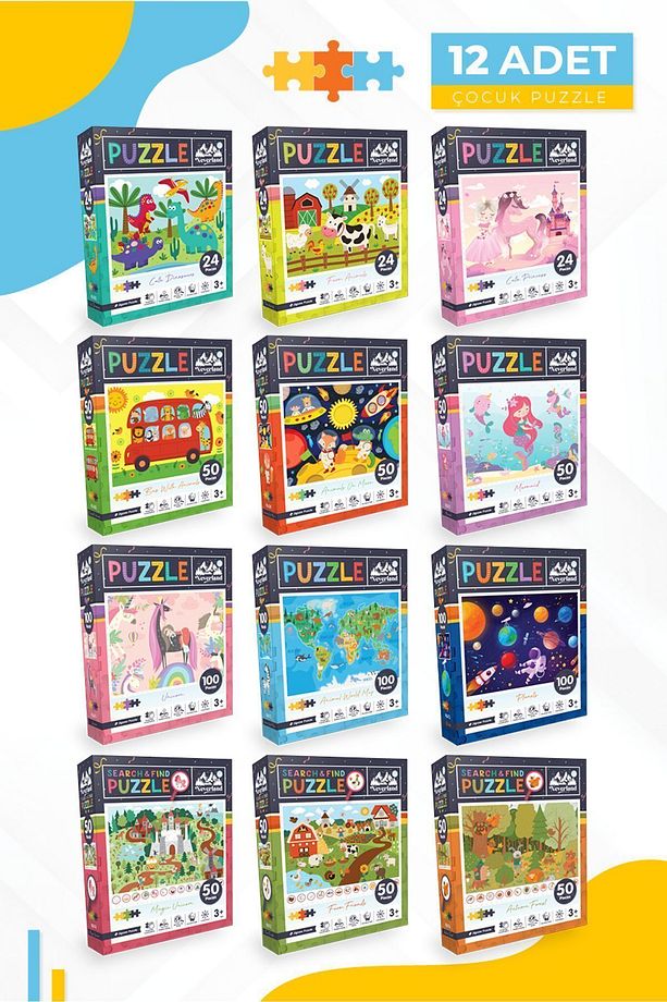 12'li Çocuk Puzzle Set - 3 Adet 24 Parça 6 Adet 50 Parça 3 Adet 100 Parça - 1