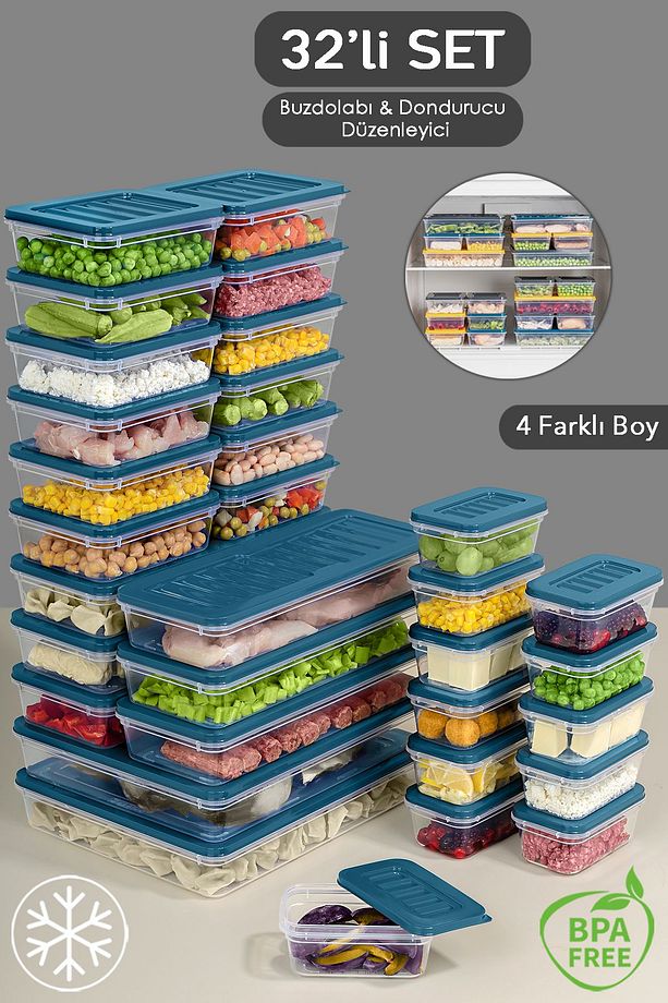 32 Parça Mikrodalga Uyumlu Organizer Saklama Kabı - 2x2400ml 6x1170ml 12x600ml 12x240ml Mavi - 1