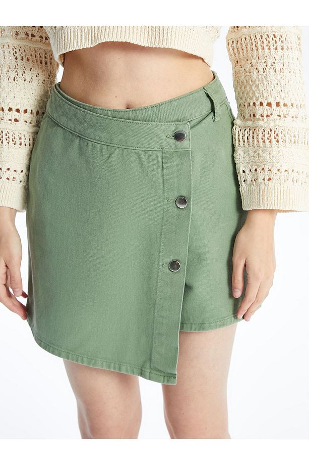 N009064 - Düz Mini Denim Şort Etek - Haki - 4