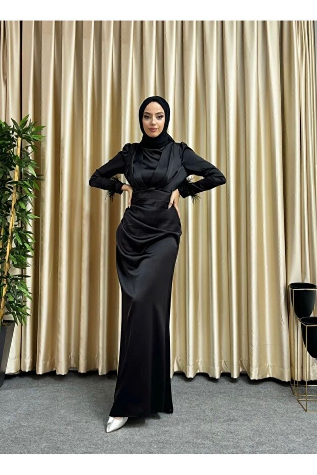 Satin Hijab Evening Dress with Tassels Sleeves and Train