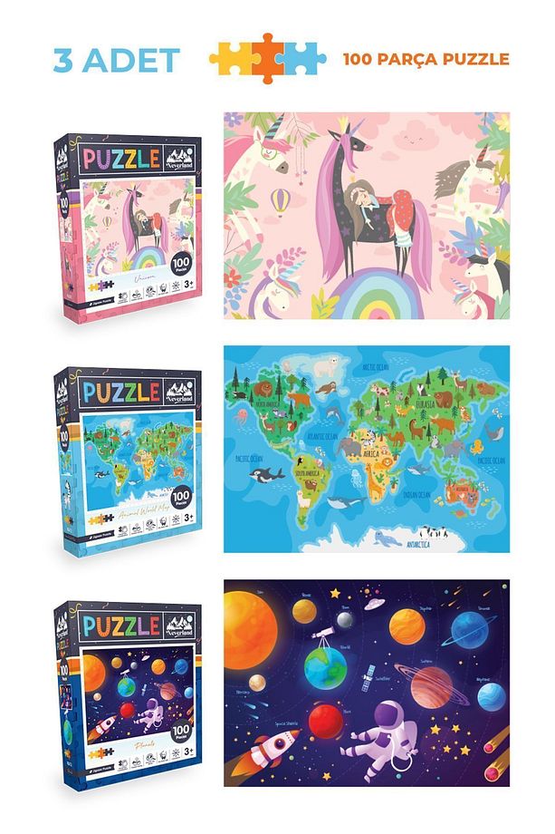 12'li Çocuk Puzzle Set - 3 Adet 24 Parça 6 Adet 50 Parça 3 Adet 100 Parça - 4