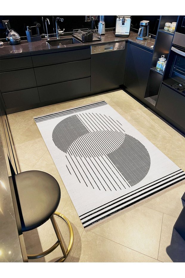 Mira Black Shape Detailed Gray White Woven Base Modern Decorative Carpet Mira5836
