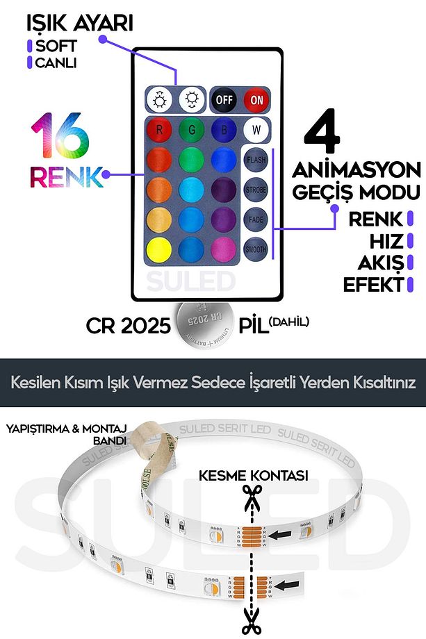 10 Metre Şerit Led 16 Mod Ambiyans Ortam Işığı Tak Çalıştır Kumandalı Trafolu Rgb Şerit Işık - 6