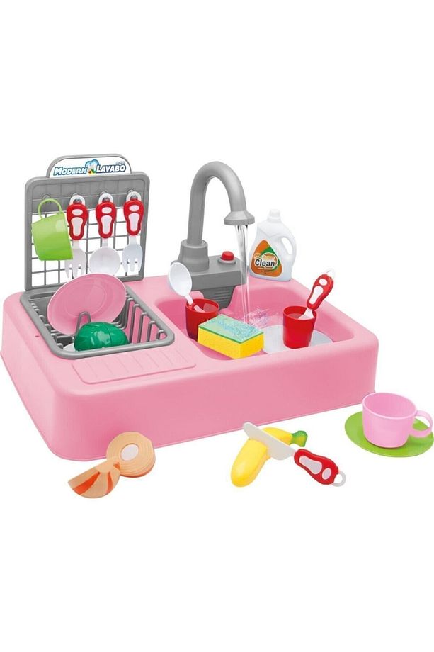 Pembe Mutfak Lavabo Seti Su ile Çalışır Çocuk Bulaşık Yıkama Çeşmeli Su Akar Oyuncak - 1