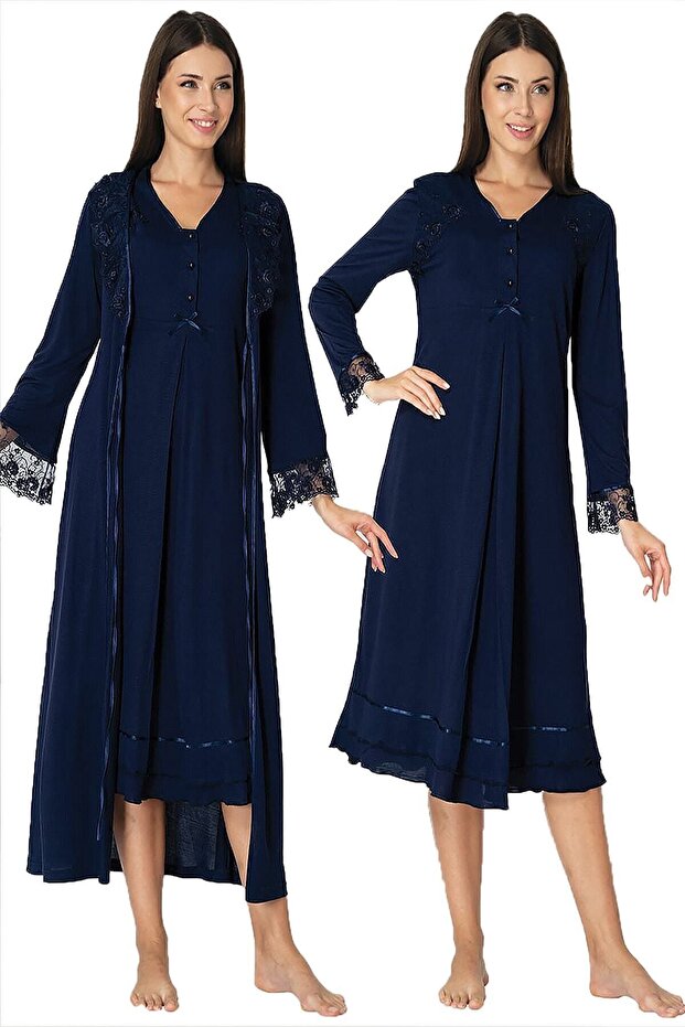 Zerre Bebe Women's Navy Blue Maternity Long Sleeve Nightgown Set with Dressing Gown
