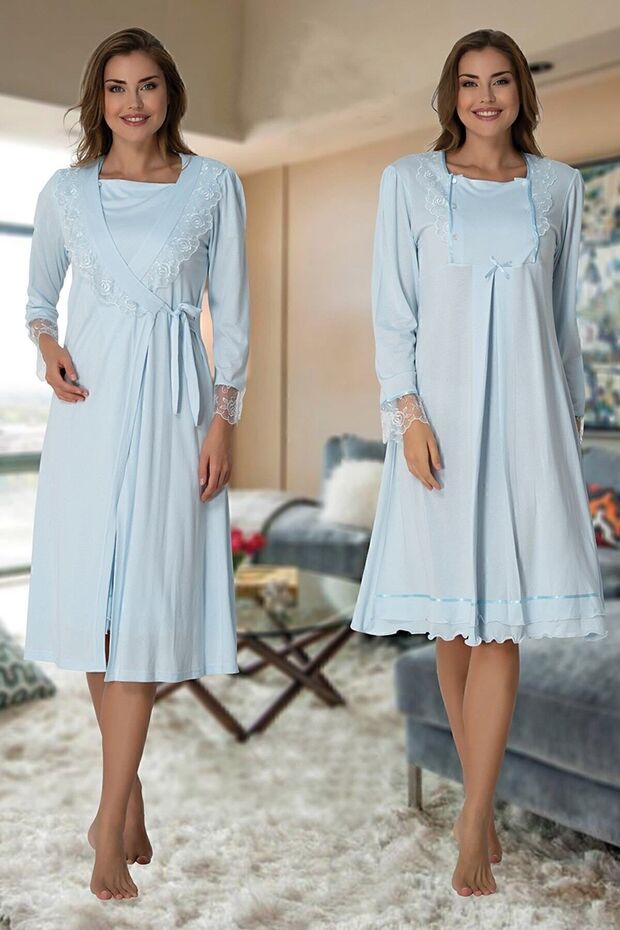 Effortt Blue Maternity Nightgown Set with Dressing Gown