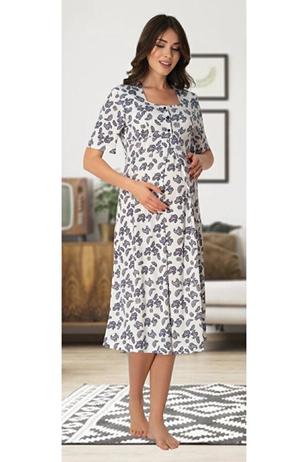 Effort Navy Blue Patterned Maternity and Postpartum Nightgown 8013