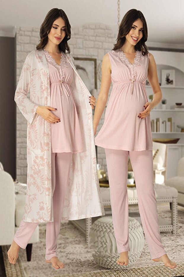 Mayss Collections 8034 Pink Maternity Pajamas Set with Dressing Gown