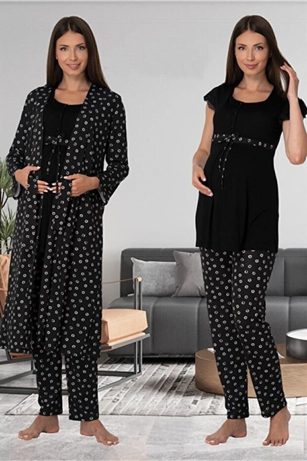 Freya Effort Maternity Maternity Black Patterned Pajamas Set with Dressing Gown