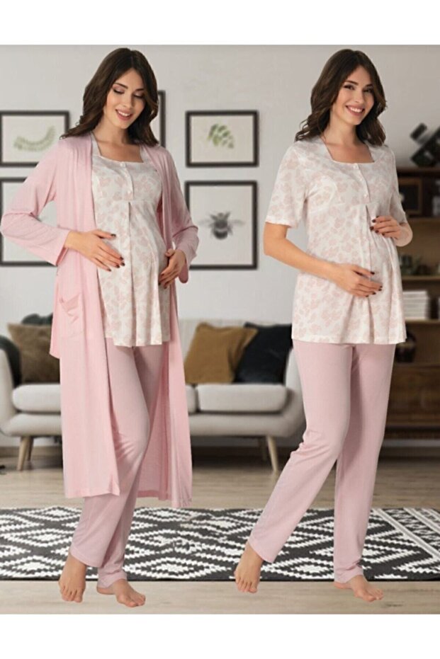 Effort Women's Pink Maternity Maternity Pajama Set with Robe 8014
