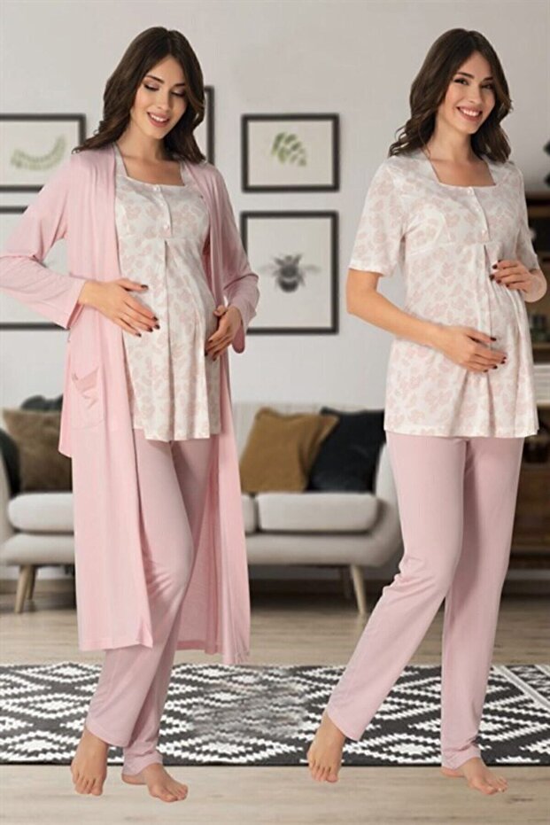 Freya Effort Maternity Maternity Dressing Gown Powder Patterned Pajamas Set