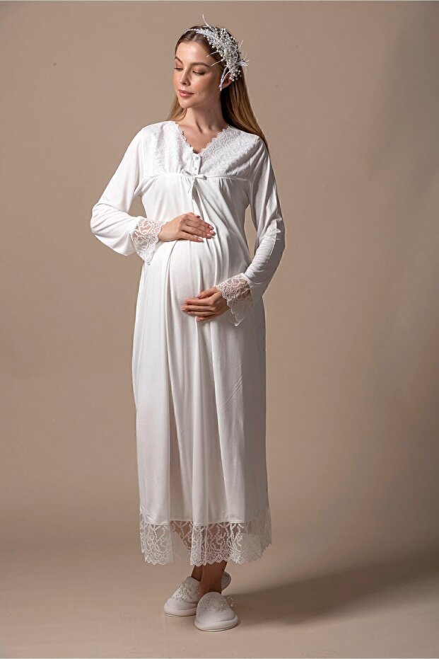 Cotton Maternity Nightgown with Hidden Breastfeeding Feature Effortt - Ecru