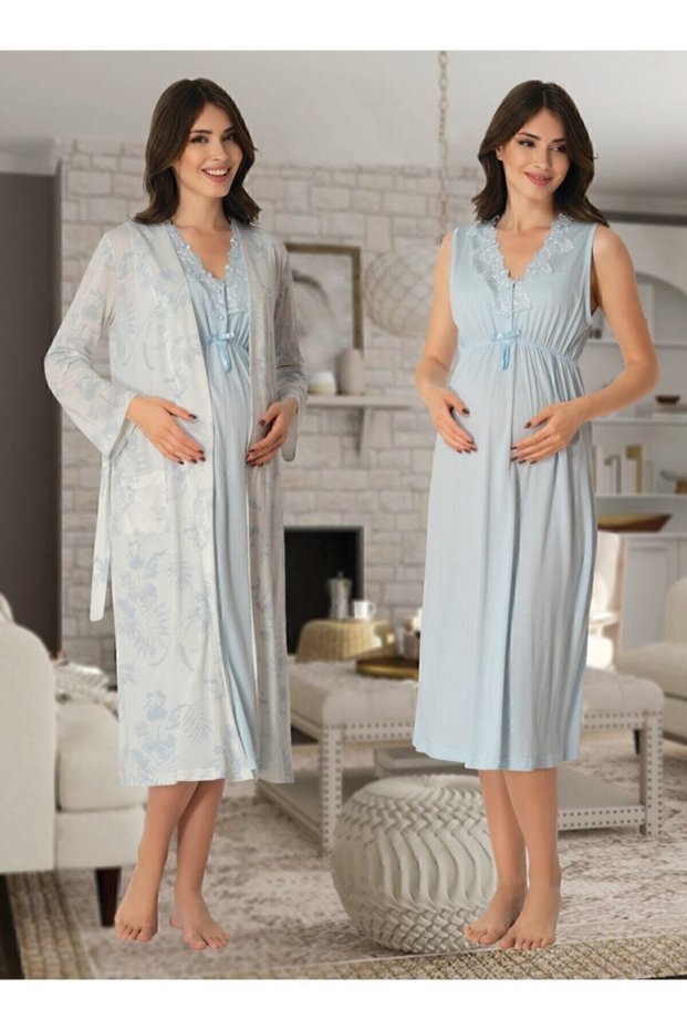 Effort Women's Blue Pregnant Maternity Nightgown Dressing Gown Set 8035