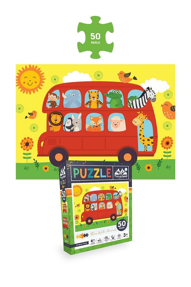 3 ADET PUZZLE - 24 P.SEVİMLİ DİNOZORLAR ve 50 P. HAYVANLARLA OTOBÜS ve 100 P. HAYVAN DÜNYA HARİTASI - 3