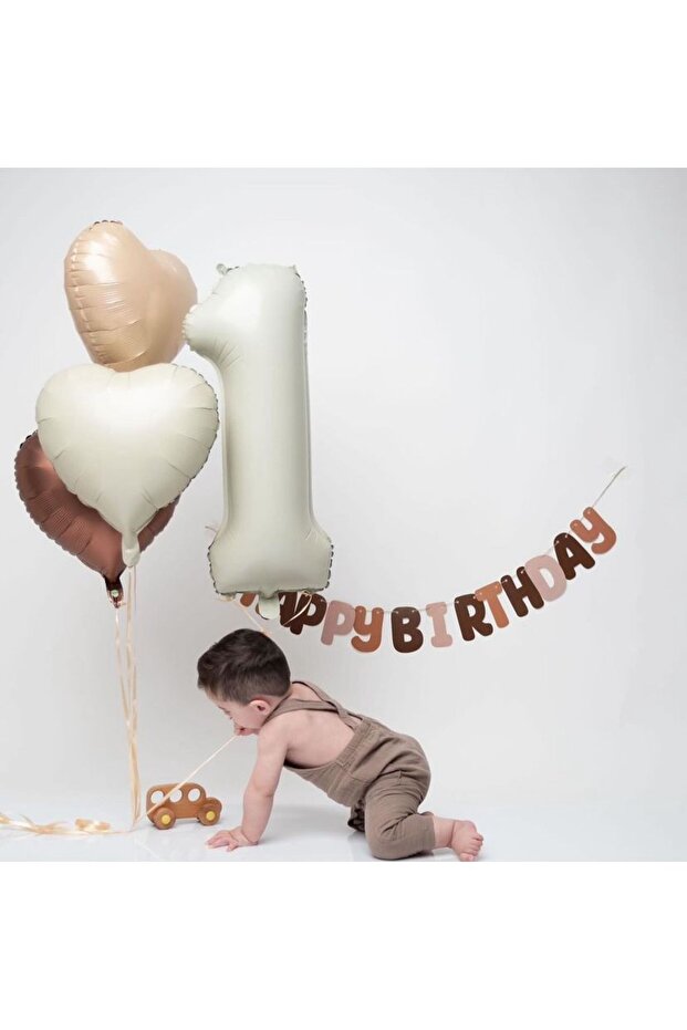Eva Brown Happy Brithday Banner and Beige Cream 1 Year Old Foil Balloon Set 5 Pieces