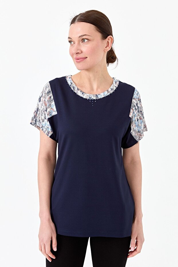 Women's Crew Neck Low Sleeve Floral Printed Combed Cotton Blouse Navy Blue