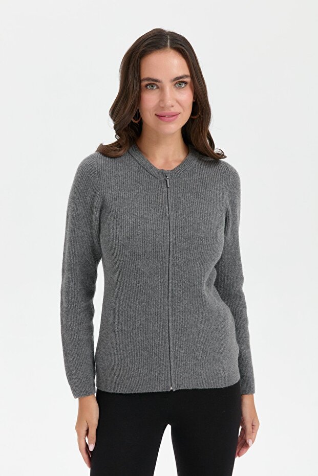 Women's Crew Neck Seamless Zippered Wool Cardigan Smoked