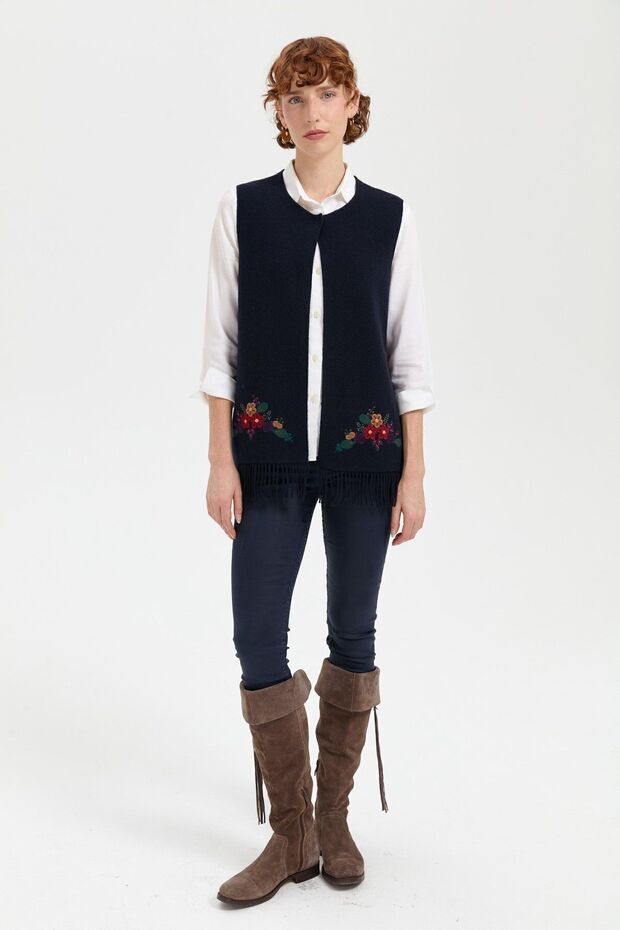 Women's Crew Neck Skirt Embroidered Wool Vest Dark Blue