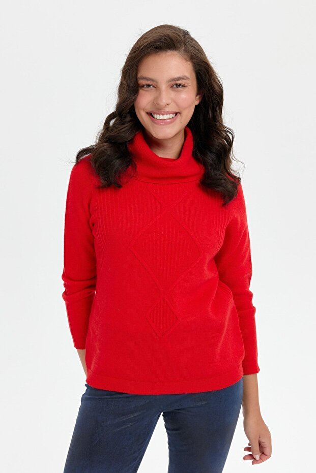 Women's Degaje Collar Seamless Front Thessaloniki Knitted Wool Sweater Coral