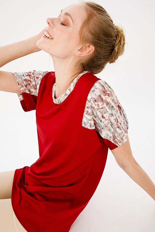 Women's Crew Neck Low Sleeve Floral Printed Combed Cotton Blouse Red