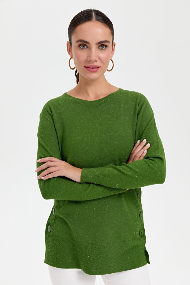 بلوزة لامعة بدون خياطة - رقبة دائرية وأزرار جانبية باللون الأبيض الطحلب - 7