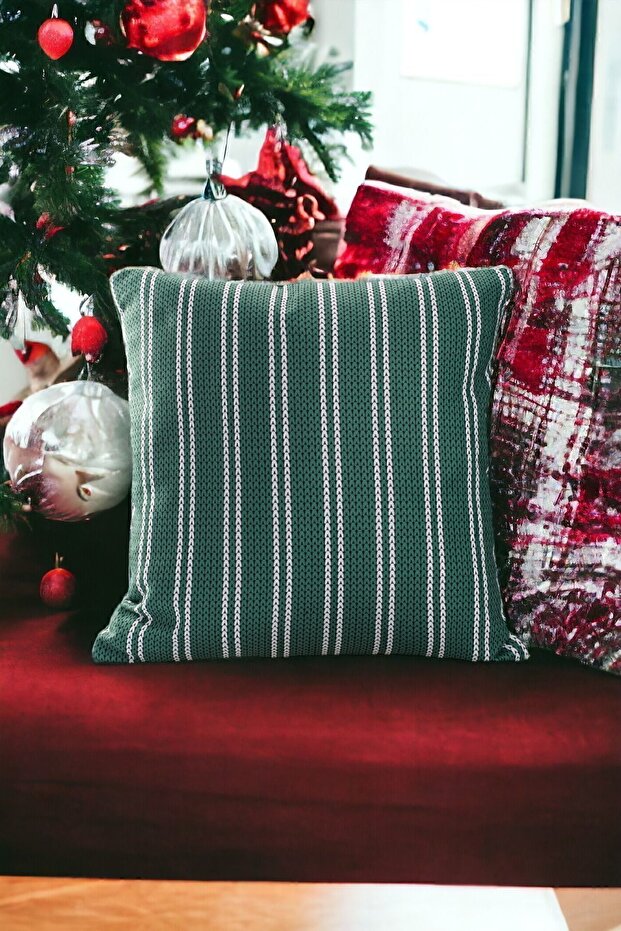 43X43 Christmas Throw Pillow Cover Green White New Year Christmas Happy New Year Striped Pattern