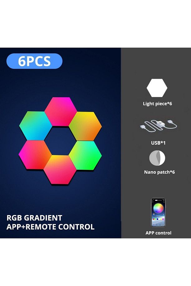 RGB LED  Akıllı Altıgen Duvar Lambası Kumandalı Gece Işığı Fuaye Çalışma oyun ve yatak odası 6 Panel - 7